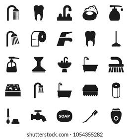 Flat vector icon set - soap vector, water tap, fetlock, mop, sponge, car, bath, toilet brush, liquid, paper, shower, sink, tooth, epilator