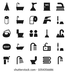Flat vector icon set - soap vector, plunger, water tap, fetlock, towel, bath, toilet, brush, paper, shower, closet, sink, supply