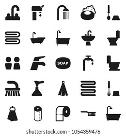 Flat vector icon set - soap vector, plunger, water tap, fetlock, towel, bath, toilet, brush, paper, shower, closet, sink, supply