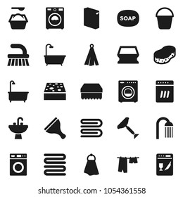 Flat vector icon set - soap vector, scraper, fetlock, bucket, sponge, towel, bath, drying clothes, washer, washing powder, shower, sink, dishwasher