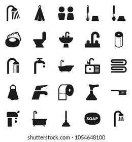 Flat vector icon set - soap vector, plunger, water tap, fetlock, towel, bath, toilet, brush, paper, shower, closet, sink, supply