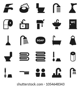 Flat vector icon set - soap vector, plunger, water tap, fetlock, towel, bath, toilet, brush, paper, shower, closet, sink, supply