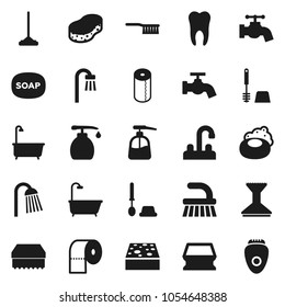 Flat vector icon set - soap vector, fetlock, mop, sponge, water tap, car, bath, toilet brush, liquid, paper, shower, tooth, epilator