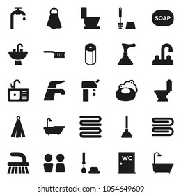 Flat vector icon set - soap vector, plunger, water tap, fetlock, towel, bath, toilet, brush, paper, closet, sink, supply