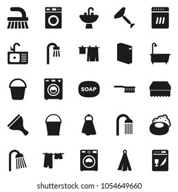 Flat vector icon set - soap vector, scraper, fetlock, bucket, sponge, towel, bath, drying clothes, washer, washing powder, shower, sink, dishwasher