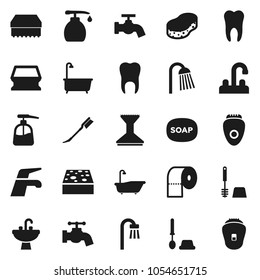 Flat vector icon set - soap vector, water tap, sponge, car fetlock, bath, toilet brush, liquid, paper, shower, sink, tooth, epilator