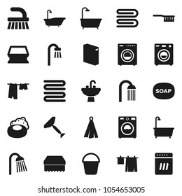 Flat vector icon set - soap vector, scraper, fetlock, bucket, sponge, towel, bath, drying clothes, washer, washing powder, shower, sink, dishwasher