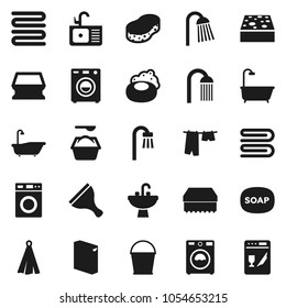 Flat vector icon set - soap vector, scraper, bucket, sponge, towel, bath, drying clothes, washer, washing powder, shower, sink, dishwasher