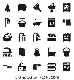 Flat vector icon set - soap vector, scraper, fetlock, bucket, sponge, towel, bath, drying clothes, washing powder, shower, sink, washer, dishwasher