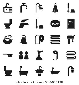 Flat vector icon set - soap vector, plunger, water tap, fetlock, towel, bath, toilet, brush, paper, shower, closet, sink, supply