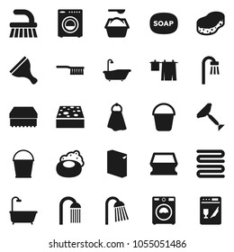 Flat vector icon set - soap vector, scraper, fetlock, bucket, sponge, towel, bath, drying clothes, washer, washing powder, shower, dishwasher