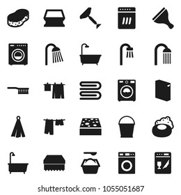 Flat vector icon set - soap vector, scraper, fetlock, bucket, sponge, towel, bath, drying clothes, washer, washing powder, shower, dishwasher