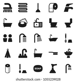 Flat vector icon set - soap vector, plunger, water tap, fetlock, bath, toilet, brush, paper, shower, closet, sink, towel