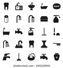Flat vector icon set - soap vector, water tap, fetlock, mop, sponge, car, bath, toilet brush, liquid, paper, shower, sink, tooth, epilator
