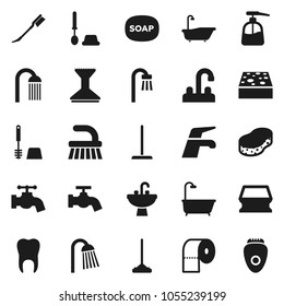 Flat vector icon set - soap vector, water tap, fetlock, mop, sponge, car, bath, toilet brush, liquid, paper, shower, sink, tooth, epilator