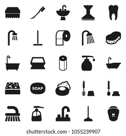 Flat vector icon set - soap vector, fetlock, mop, sponge, car, bath, toilet brush, liquid, paper, shower, sink, water tap, tooth, epilator