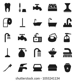 Flat vector icon set - soap vector, water tap, fetlock, mop, sponge, car, bath, toilet brush, liquid, paper, shower, sink, tooth, epilator