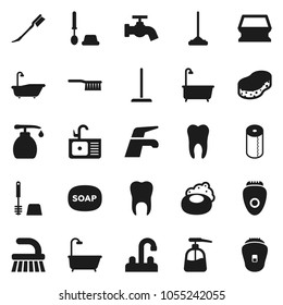 Flat vector icon set - soap vector, water tap, fetlock, mop, sponge, car, bath, toilet brush, liquid, paper, sink, tooth, epilator