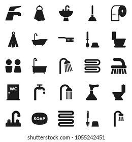 Flat vector icon set - soap vector, plunger, water tap, fetlock, towel, bath, toilet, brush, paper, shower, closet, sink, supply