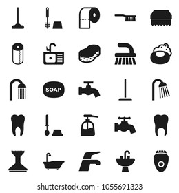 Flat vector icon set - soap vector, water tap, fetlock, mop, sponge, car, bath, toilet brush, liquid, paper, shower, sink, tooth, epilator