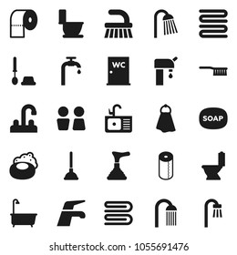 Flat vector icon set - soap vector, plunger, water tap, fetlock, towel, bath, toilet, brush, paper, shower, closet, sink, supply