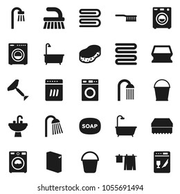 Flat vector icon set - soap vector, scraper, fetlock, bucket, sponge, towel, bath, drying clothes, washer, washing powder, shower, sink, dishwasher