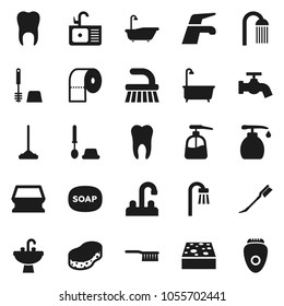 Flat vector icon set - soap vector, water tap, fetlock, mop, sponge, car, bath, toilet brush, liquid, paper, shower, sink, tooth, epilator