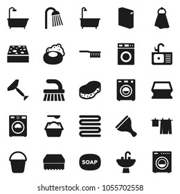 Flat vector icon set - soap vector, scraper, fetlock, bucket, sponge, towel, bath, drying clothes, washer, washing powder, shower, sink