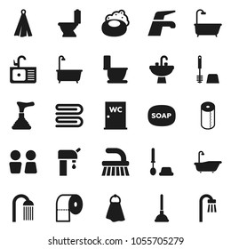 Flat vector icon set - soap vector, plunger, water tap, fetlock, towel, bath, toilet, brush, paper, shower, closet, sink, supply