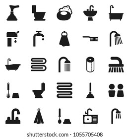 Flat vector icon set - soap vector, plunger, fetlock, towel, bath, toilet, brush, paper, shower, water closet, sink, tap, supply
