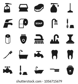 Flat vector icon set - soap vector, water tap, fetlock, mop, sponge, car, bath, toilet brush, liquid, paper, tooth, epilator
