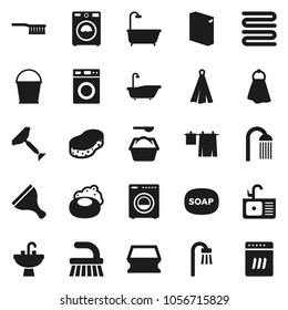 Flat vector icon set - soap vector, scraper, fetlock, bucket, sponge, towel, bath, drying clothes, washer, washing powder, shower, sink, dishwasher