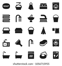 Flat vector icon set - soap vector, scraper, fetlock, bucket, sponge, towel, bath, drying clothes, washing powder, shower, sink, washer, dishwasher