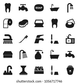 Flat vector icon set - soap vector, water tap, fetlock, sponge, car, bath, toilet brush, liquid, paper, shower, sink, tooth, epilator