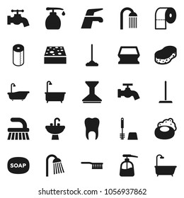 Flat vector icon set - soap vector, water tap, fetlock, mop, sponge, car, bath, toilet brush, liquid, paper, shower, sink, tooth