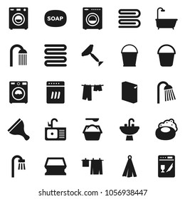 Flat vector icon set - soap vector, scraper, bucket, sponge, towel, drying clothes, washer, washing powder, shower, sink, bath, dishwasher