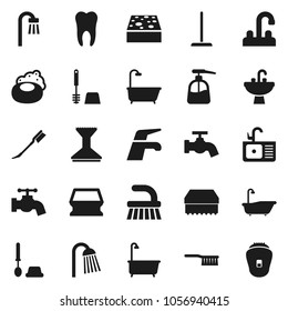 Flat vector icon set - soap vector, water tap, fetlock, mop, sponge, car, bath, toilet brush, liquid, shower, sink, tooth, epilator