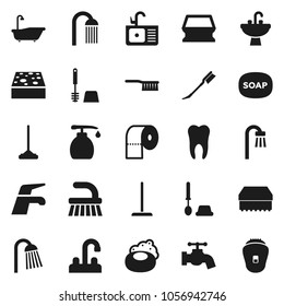 Flat vector icon set - soap vector, water tap, fetlock, mop, sponge, car, bath, toilet brush, liquid, paper, shower, sink, tooth, epilator