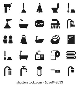 Flat vector icon set - soap vector, plunger, fetlock, towel, bath, toilet, brush, paper, shower, water closet, sink, supply