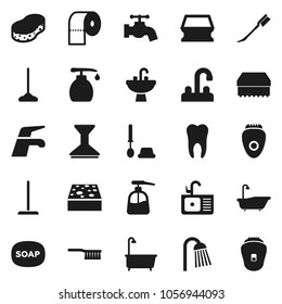 Flat vector icon set - soap vector, water tap, fetlock, mop, sponge, car, bath, toilet brush, liquid, paper, shower, sink, tooth, epilator