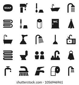 Flat vector icon set - soap vector, plunger, water tap, fetlock, towel, bath, toilet, brush, paper, shower, closet, sink, supply