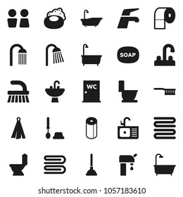 Flat vector icon set - soap vector, plunger, water tap, fetlock, towel, bath, toilet, brush, paper, shower, closet, sink, supply