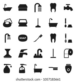 Flat vector icon set - soap vector, water tap, fetlock, mop, sponge, car, bath, toilet brush, liquid, paper, shower, tooth, epilator
