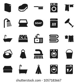Flat vector icon set - soap vector, scraper, fetlock, bucket, sponge, towel, bath, drying clothes, washer, washing powder, shower, sink, dishwasher