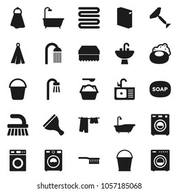 Flat vector icon set - soap vector, scraper, fetlock, bucket, sponge, towel, bath, drying clothes, washer, washing powder, shower, sink