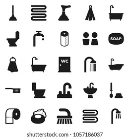 Flat Vector Icon Set - Soap Vector, Plunger, Fetlock, Towel, Bath, Toilet, Brush, Paper, Shower, Water Closet, Sink, Tap, Supply