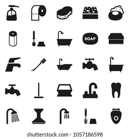 Flat vector icon set - soap vector, water tap, mop, sponge, car fetlock, bath, toilet brush, liquid, paper, shower, tooth, epilator