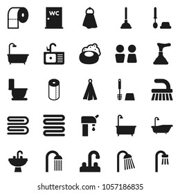 Flat vector icon set - soap vector, plunger, fetlock, towel, bath, toilet, brush, paper, shower, water closet, sink, tap, supply