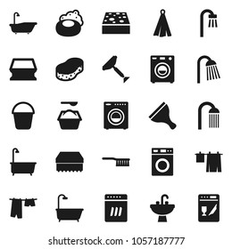 Flat vector icon set - soap vector, scraper, fetlock, bucket, sponge, bath, drying clothes, washer, washing powder, shower, sink, towel, dishwasher