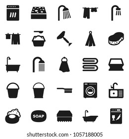 Flat vector icon set - soap vector, scraper, fetlock, bucket, sponge, towel, bath, drying clothes, washing powder, shower, sink, washer, dishwasher